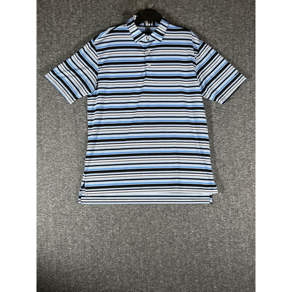 Peter Millar Summer Comfort Mens Large Blue Striped Eastman Logo Golf Polo Shirt